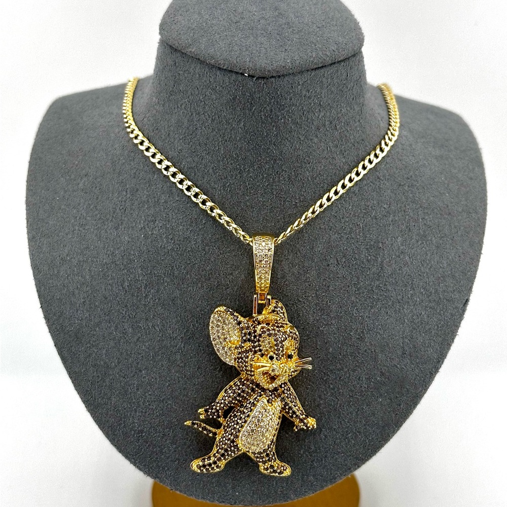 18K Gold Plated over 925 Sterling Silver Round Cut 3D Tom and Jerry Necklace